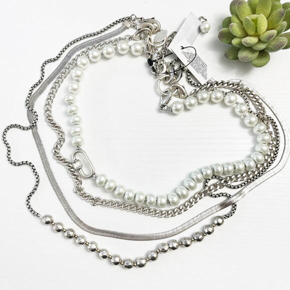 NEW Chico's Silver Chain & Faux Pearl Convertible Layered Necklace - Picture 2 of 8